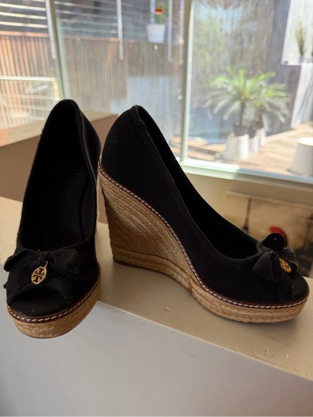Tory Burch Black Canvas Espadrille Wedges with Gold Logo Charm - Picture 4 of 7